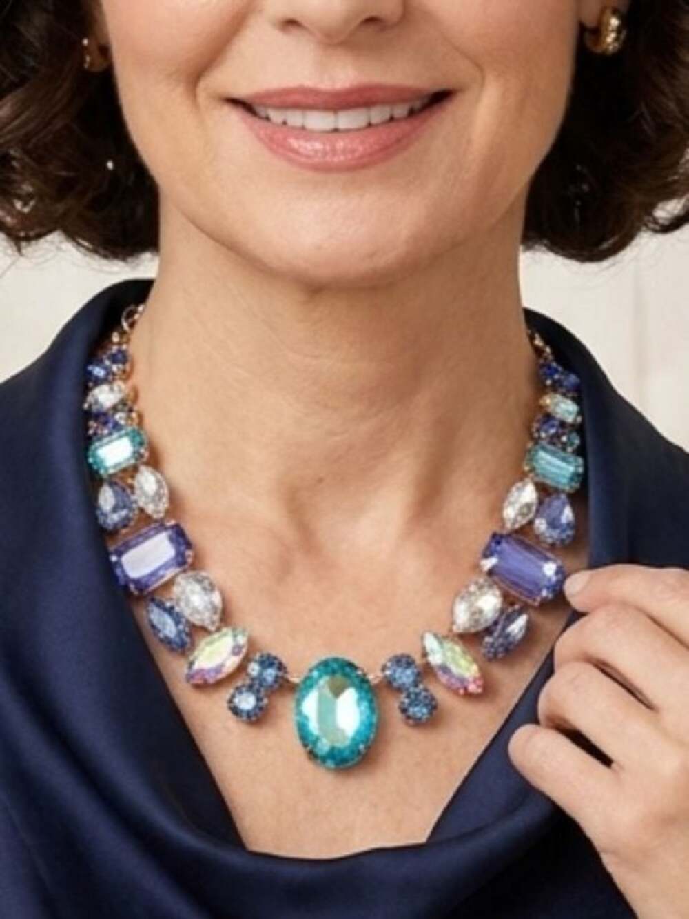 Chunky Gold Blue Crystal Rhinestone Statement Collar Necklace